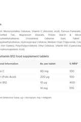 Nutrition label for Vitabiotics Ultra Iron tablets showing vitamin C, B12, and folic acid contents.
