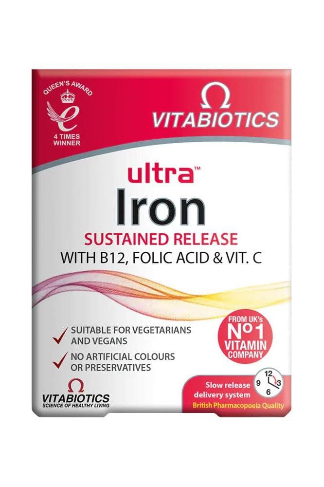 Vitabiotics Ultra Iron tablets packaging with B12, folic acid, and vitamin C, suitable for vegetarians and vegans.