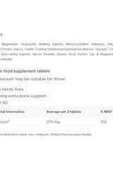 Nutrition label for Vitabiotics Ultra Magnesium tablets detailing ingredients and benefits for bone support.