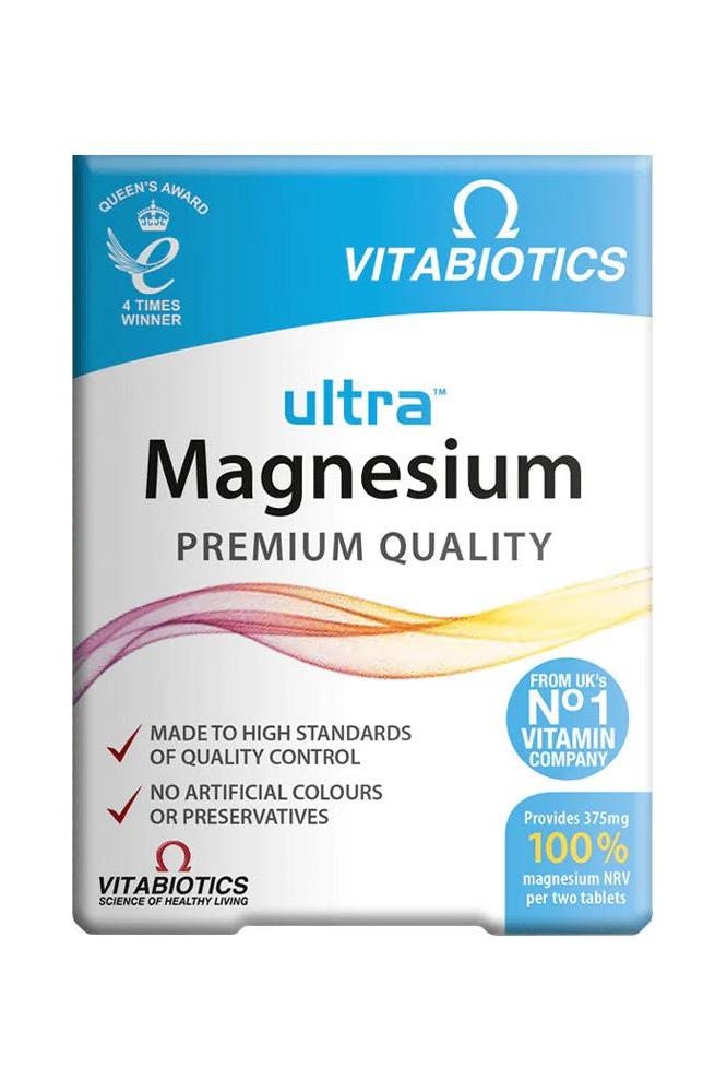 Vitabiotics Ultra Magnesium supplements packaging, 60 tablets, premium quality, 100% NRV of magnesium.