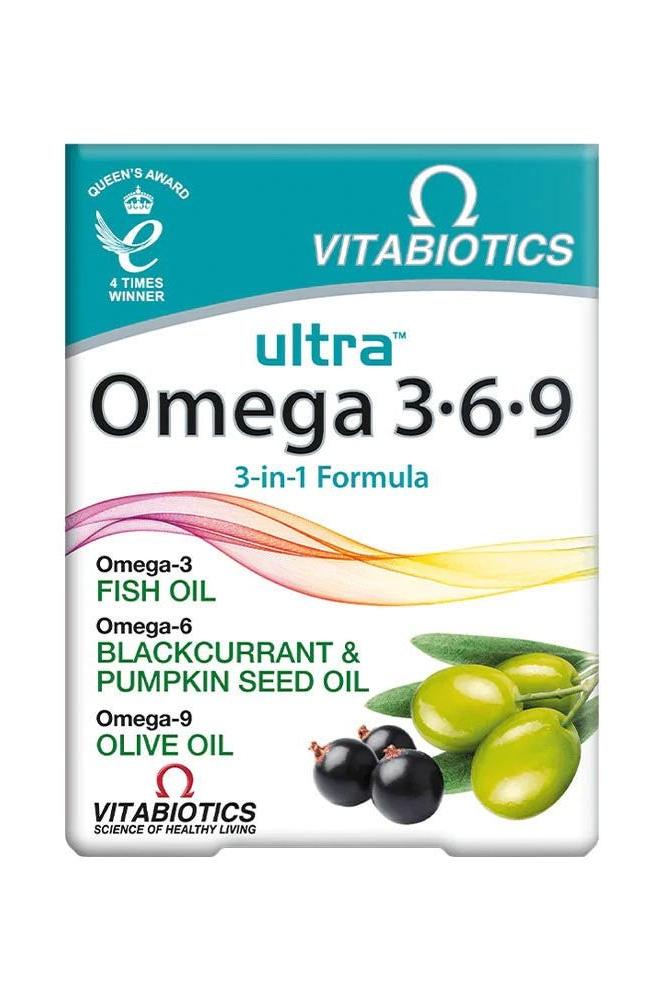 Vitabiotics Ultra Omega 3-6-9 capsules with fish, blackcurrant, and pumpkin seed oils.