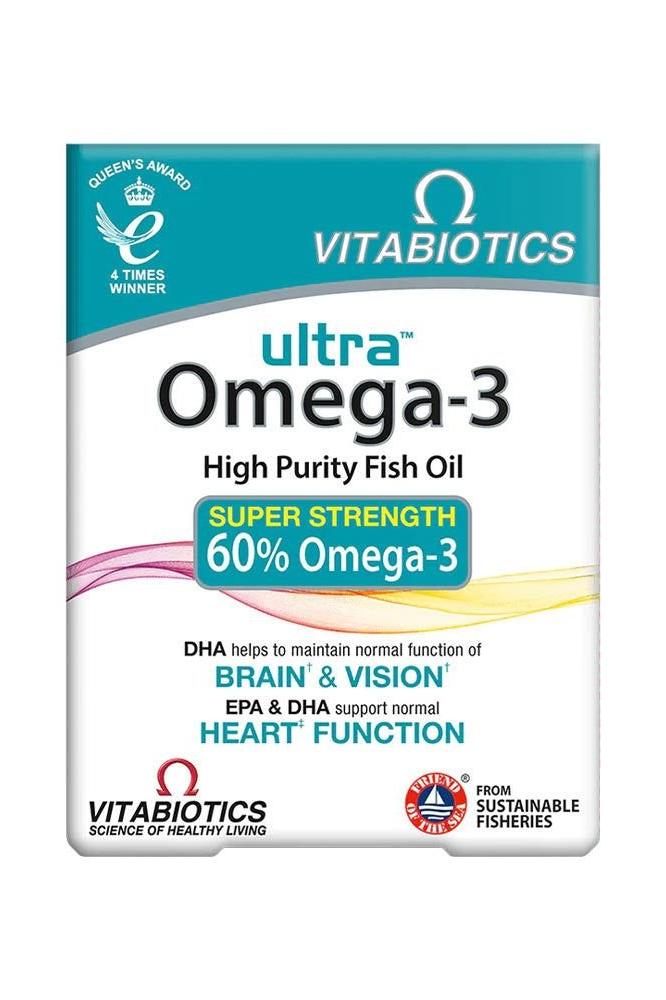 Vitabiotics Ultra Omega-3 capsules packaging highlighting 60% omega-3 and benefits for brain and heart health.