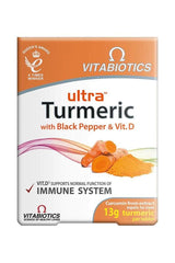 Vitabiotics Ultra Turmeric capsules with black pepper and vitamin D, promoting immune system and digestion support.