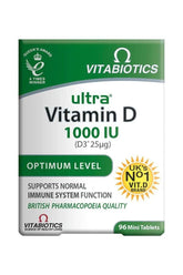 Vitabiotics Ultra Vitamin D 1000 IU supplement box with 96 mini tablets, supports immune system and bone health.