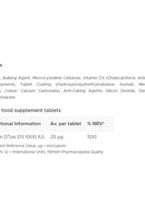 Nutritional information for Vitabiotics Ultra Vitamin D 1000 IU tablets, including ingredients and serving details.
