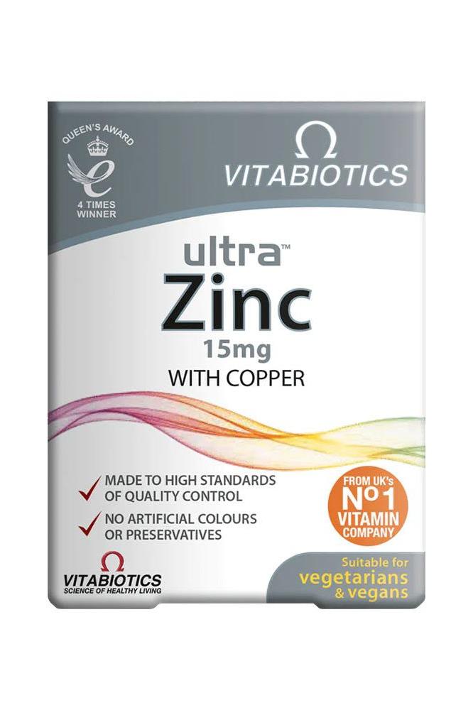 Vitabiotics Ultra Zinc 15 mg supplement box with copper, suitable for vegetarians and vegans.