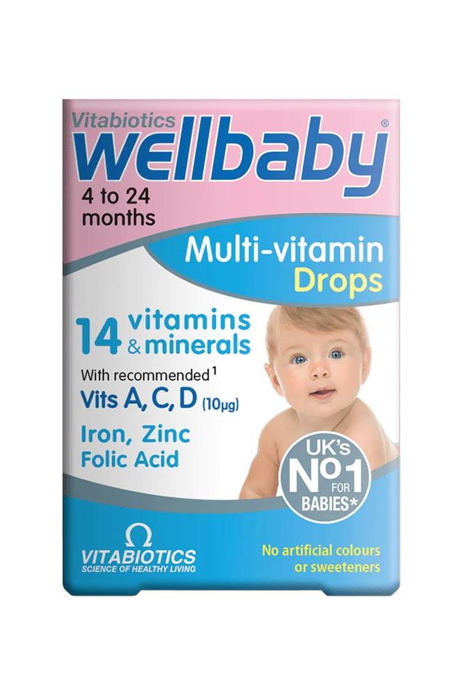 Vitabiotics Wellbaby Multi-vitamin Drops for babies 4 to 24 months, containing 14 vitamins and minerals in a colorful package.