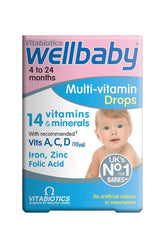 Vitabiotics Wellbaby Multi-vitamin Drops for babies 4 to 24 months, containing 14 vitamins and minerals in a colorful package.