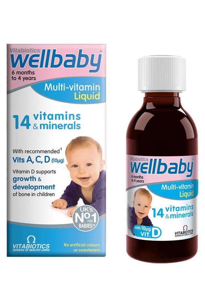 Vitabiotics Wellbaby Multi-vitamin Liquid for infants, containing 14 vitamins and minerals, 150 ml, suitable for ages 6 months to 4 years.