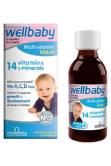 Vitabiotics Wellbaby Multi-vitamin Liquid for infants, containing 14 vitamins and minerals, 150 ml, suitable for ages 6 months to 4 years.