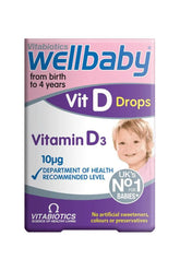 Wellbaby Vitamin D Drops by Vitabiotics, suitable for infants from birth to 4 years, 10µg serving size.