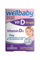 Wellbaby Vitamin D Drops by Vitabiotics, suitable for infants from birth to 4 years, 10µg serving size.