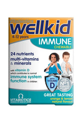 Vitabiotics Wellkid Immune Chewable tablets packaging for children, 24 essential nutrients, orange and lemon flavor.