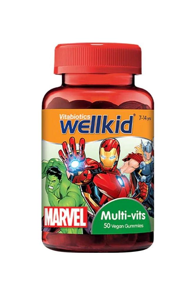 Vitabiotics Wellkid Marvel Multi-Vits bottle with 50 vegan gummies for kids, featuring superhero designs.