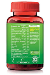 Nutritional information and directions for Vitabiotics Wellkid Marvel Multi-Vits gummies in a red bottle.