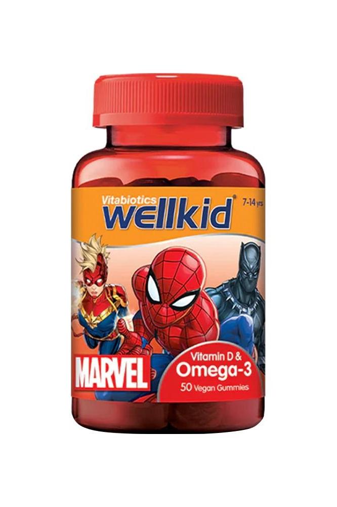 Vitabiotics Wellkid Marvel Omega-3 gummies with superheroes, 50 vegan gummies for kids.