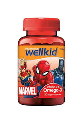 Vitabiotics Wellkid Marvel Omega-3 gummies with superheroes, 50 vegan gummies for kids.
