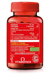 Vitabiotics Wellkid Marvel Omega-3 gummies bottle showing nutritional information and usage directions.