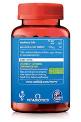Vitabiotics Wellkid Marvel Vitamin D Gummies bottle showing nutritional info and dosage instructions for kids.