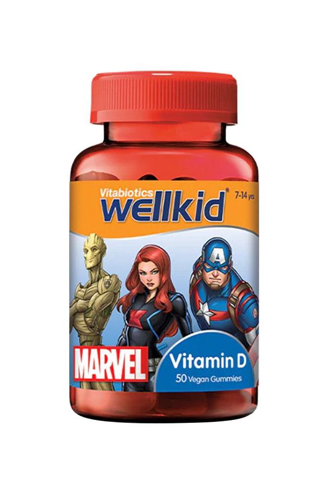 Vitabiotics Wellkid Marvel Vitamin D Gummies bottle with superheroes, strawberry flavor, 50 vegan gummies for kids aged 7-14.