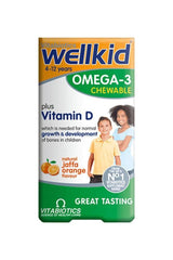 Vitabiotics Wellkid Omega-3 Chewable capsules for children, flavored orange, supports growth and bone development.