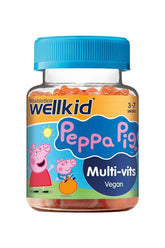 Wellkid Peppa Pig Multi-vits gummies in a clear bottle, designed for children's nutrition with strawberry flavor.
