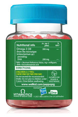 Nutritional information on Vitabiotics Wellkid Peppa Pig Omega-3 gummies, highlighting Omega-3 and DHA content.