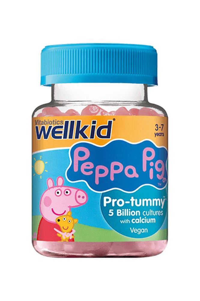 Wellkid Peppa Pig Pro-tummy gummies for kids, 30 soft gels with calcium and 5 billion cultures, suitable for ages 3-7.