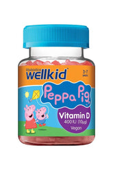 Vitabiotics Wellkid Peppa Pig Vitamin D gummies 400 IU in strawberry flavor for children aged 3-7, vegan-friendly.