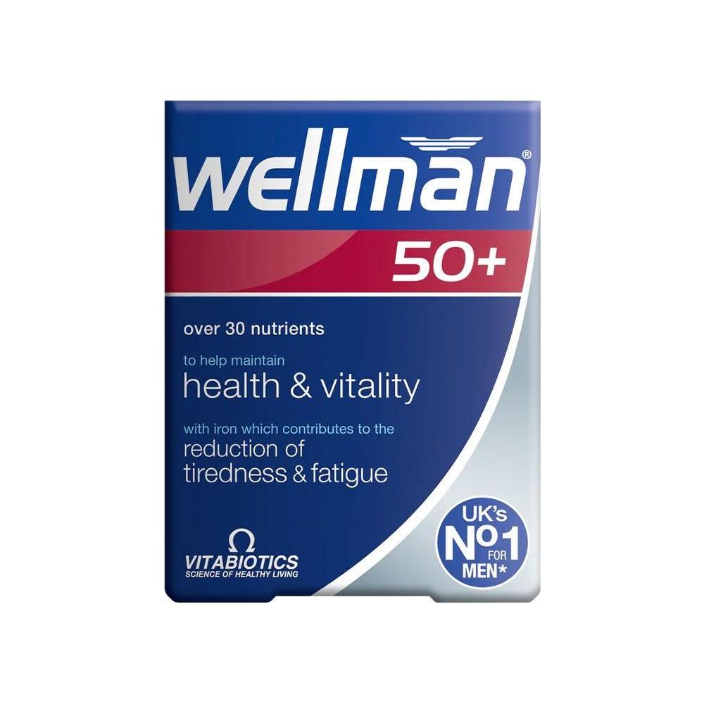 Vitabiotics Wellman 50+ tablets box showcasing nutrients for men's health and vitality over 50 years old.