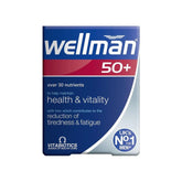 Vitabiotics Wellman 50+ tablets box showcasing nutrients for men's health and vitality over 50 years old.