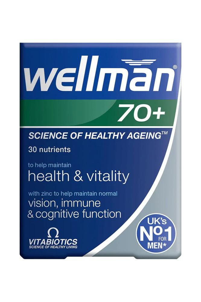 Wellman 70+ supplement box, containing 30 nutrients for men's health and vitality, supporting vision and immune function.