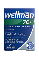 Wellman 70+ supplement box, containing 30 nutrients for men's health and vitality, supporting vision and immune function.