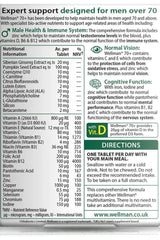 Nutritional label for Wellman 70+ vitamins, featuring ingredients for men's health over 70, including vitamins and minerals.
