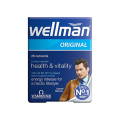 Vitabiotics Wellman Original multivitamin for men with 29 nutrients, supporting health and vitality in a hectic lifestyle.