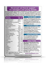 Product label for Vitabiotics Wellteen Her, detailing nutritional support for teenagers and young women.