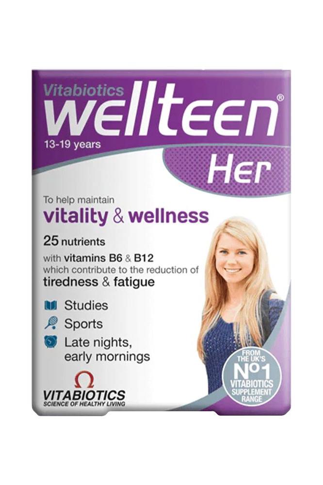 Vitabiotics Wellteen Her supplement box for teens with benefits for vitality, wellness, and energy support.
