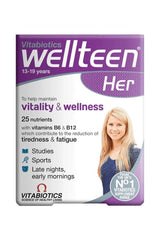 Vitabiotics Wellteen Her supplement box for teens with benefits for vitality, wellness, and energy support.