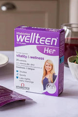 Vitabiotics Wellteen Her tablets box for young women, supporting vitality and wellness with essential vitamins.
