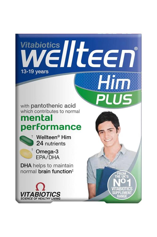 Vitabiotics Wellteen Him Plus supplement box for teenagers, featuring 24 nutrients, Omega-3, and mental performance support.