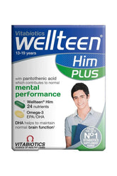 Vitabiotics Wellteen Him Plus supplement box for teenagers, featuring 24 nutrients, Omega-3, and mental performance support.