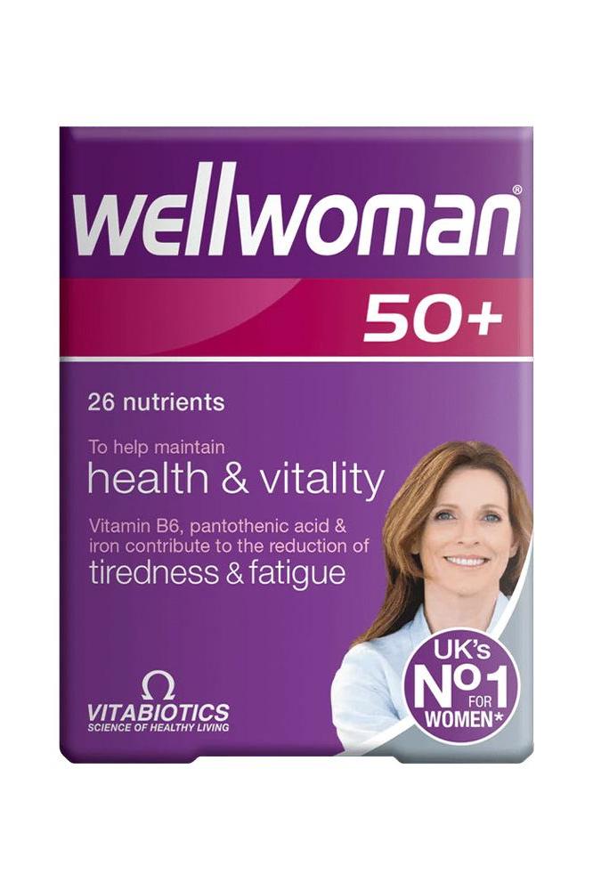 Vitabiotics Wellwoman 50+ supplement box, designed for women's health with 26 nutrients for vitality and energy.