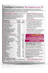 Wellwoman 50+ dietary supplement nutrition label highlighting nutrients for women over 50 years.
