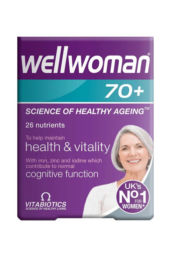 Vitabiotics Wellwoman 70+ supplement box, formulated for women's health, containing 26 essential nutrients.
