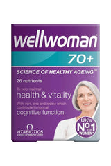 Vitabiotics Wellwoman 70+ supplement box, formulated for women's health, containing 26 essential nutrients.