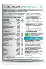 Supplement facts for Vitabiotics Wellwoman 70+, nutritional information for women over 70, 30 tablets.