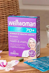Vitabiotics Wellwoman 70+ supplement box, designed for women over 70, with 26 nutrients for health and vitality.