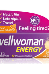 Wellwoman Energy effervescent tablets packaging, featuring orange flavor and benefits for busy women.