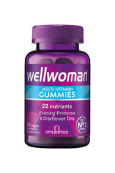 Vitabiotics Wellwoman Gummies with 22 nutrients in berry flavor, 60 vegan gummies for women's health.