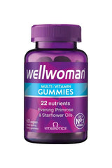 Vitabiotics Wellwoman Gummies with 22 nutrients in berry flavor, 60 vegan gummies for women's health.